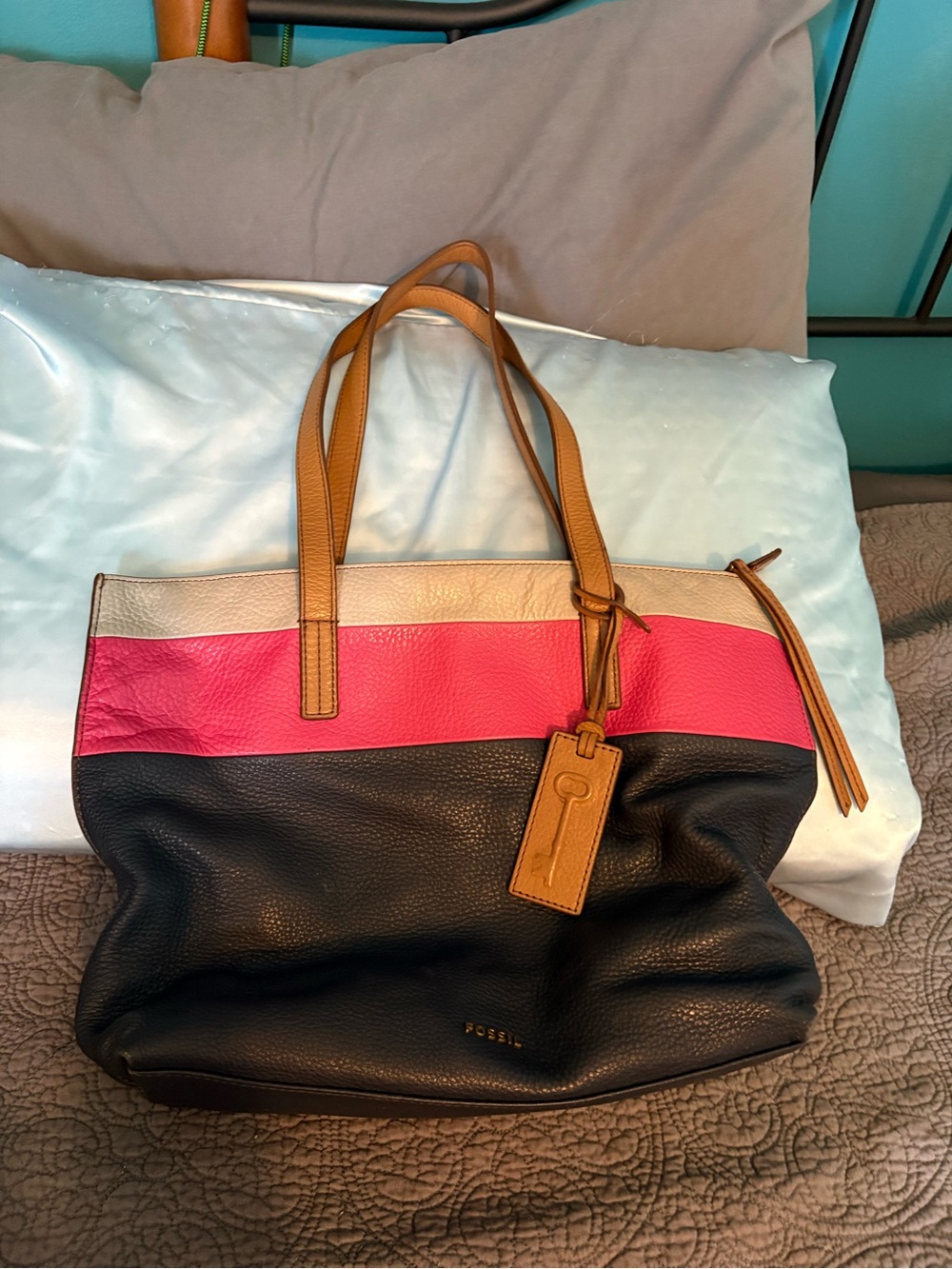 Fossil Colorblock Leather Tote in Black, Pink, Cream with Tan Accents